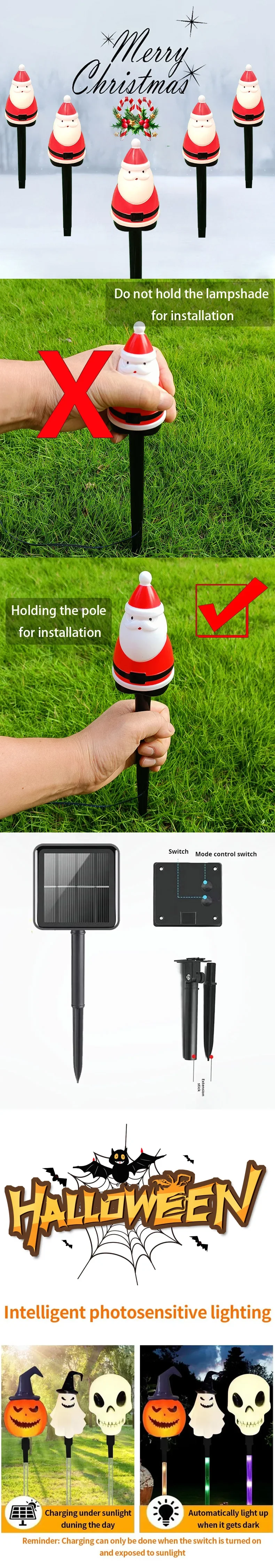Description Picture 4 of itemLED Solar Lamp Garden Light Christmas Decor Santa Claus Lawn Lamps Candy Cane Outdoor Waterproof New Year Halloween for Pathway