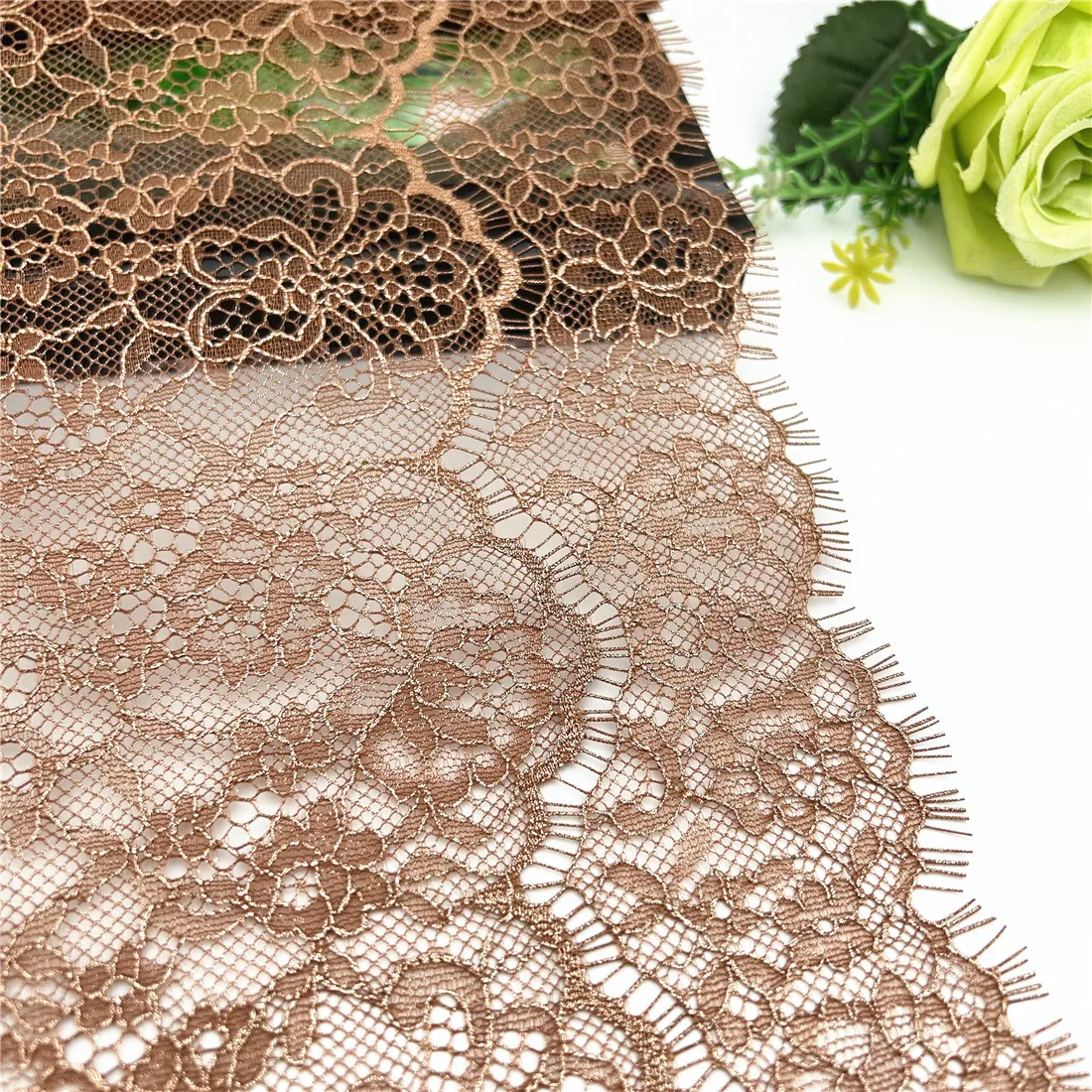 3M/lot 24cm Brown With Foil Eyelash Lace Fabric DIY Crafts Sewing 2