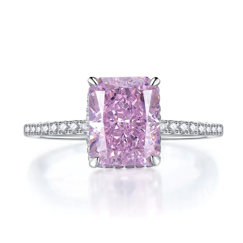 Silver Ring 925 Sterling Silver 8*10mm Yellow Pink Aquamarine High Carbon Diamond Radiant Cut For Women Party Fine Jewelry