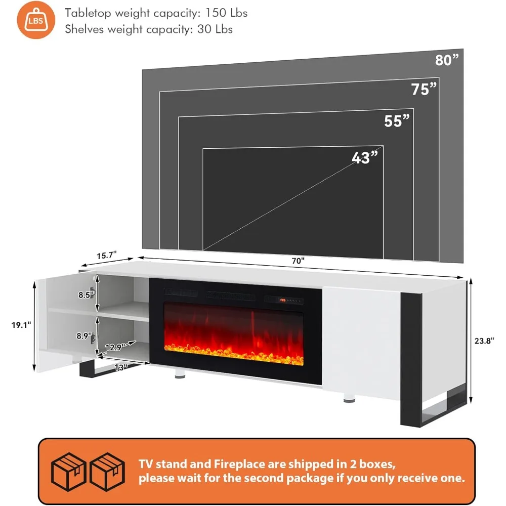 Fireplace TV Stand with 36" Fireplace, 70" Modern Entertainment Center LED Lights,TV Console Cabinet for TVs Up To 80" 2