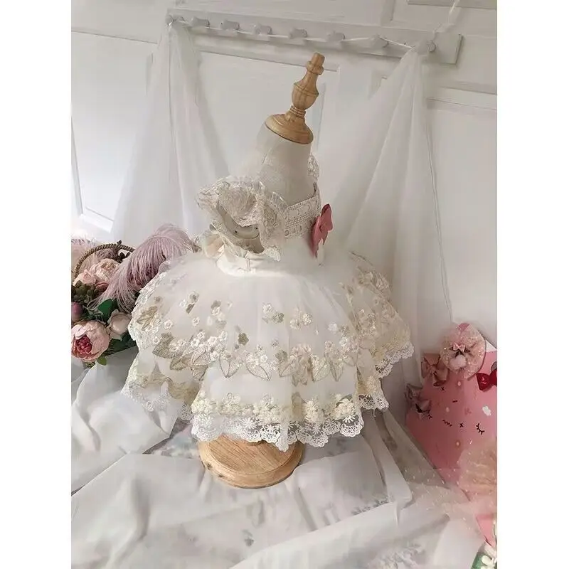 Birthday Party Lolita Dress Girls Kids Summer Lace Champagne Short Sleeve Dress Cute Princess Doll Teen For Girls