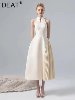DEAT-فستان نسائي بطيات غير متماثلة ، مجوف ، بدون أكمام ، مرقع ، طية صدر السترة ، أنيق ، موضة الصيف ، خصر جديد ، 13DB3299 1