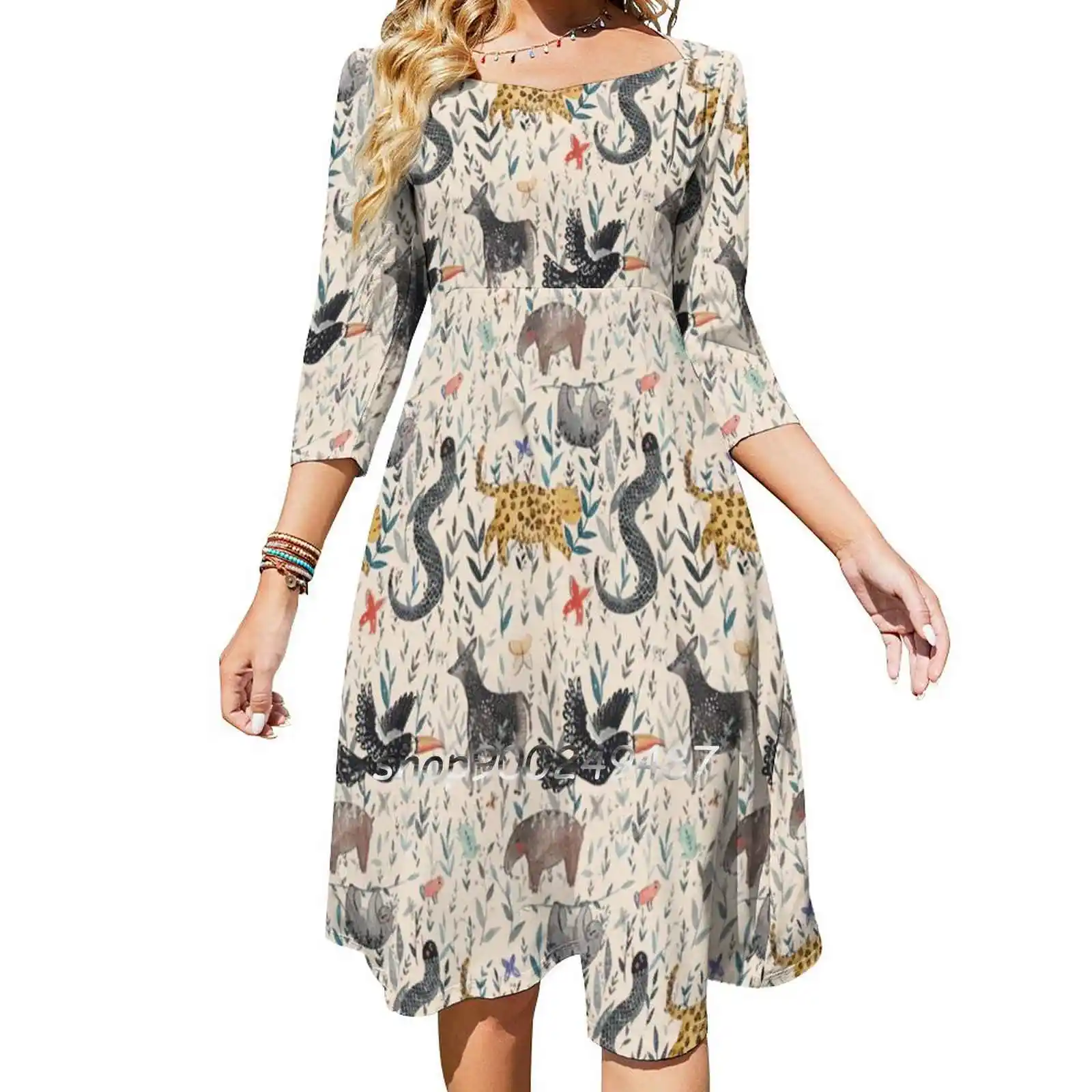 

Rainforest Jam Square Neck Dress New Plus Size Elegant Women Waist Tight Dress Gouache Watercolor Detailed Intricate Leaves