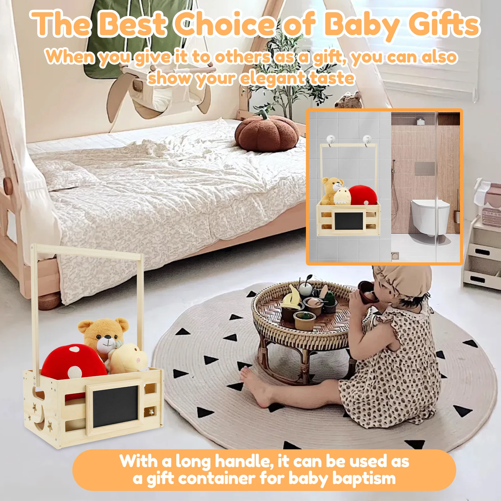 Wood Baby Shower Basket Adjustable Handle Baby Shower Crate Closet Pretty Versatile Baby Shower Gifts Basket for New Born Baby 3