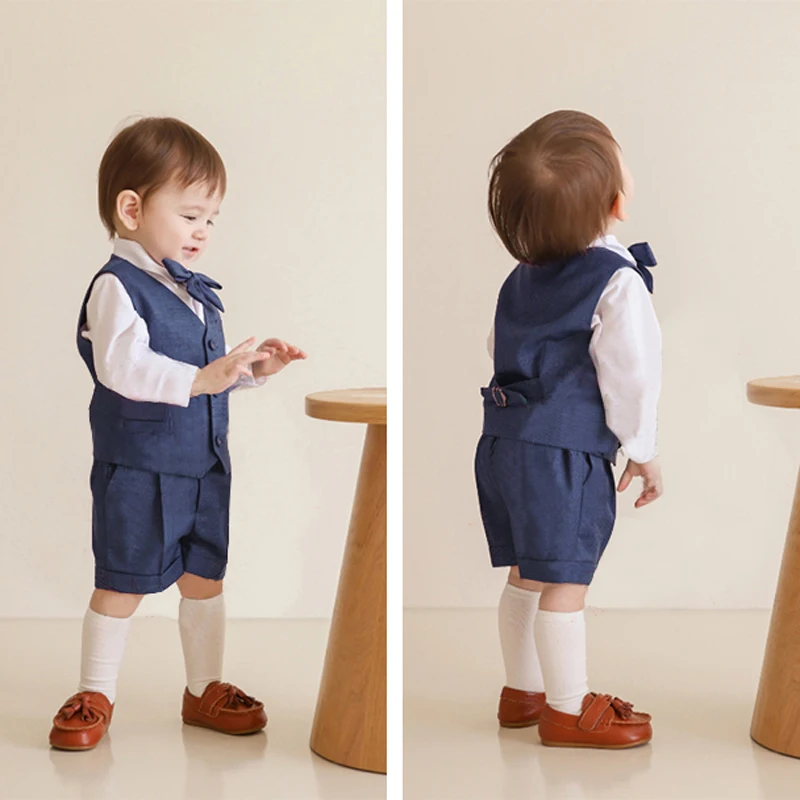 CNbeiboom Boutique Boys Girls Clothes Set Formal Birthday Suit Kids Blue Vest Shirt Short Bowtie Wedding Dress Suit Costume boys suits