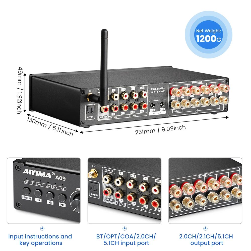 AIYIMA Upgrade A09 TPA3116 Power Amplifier HiFi Bluetooth 5.0 Subwoofer Amplifier 5.1 Surround Amplificador Home Audio Amp 50Wx6 4