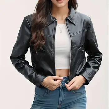 Women Fashion PU Motorcycle Jacket Zipper Pocket Leather Short Jacket 5