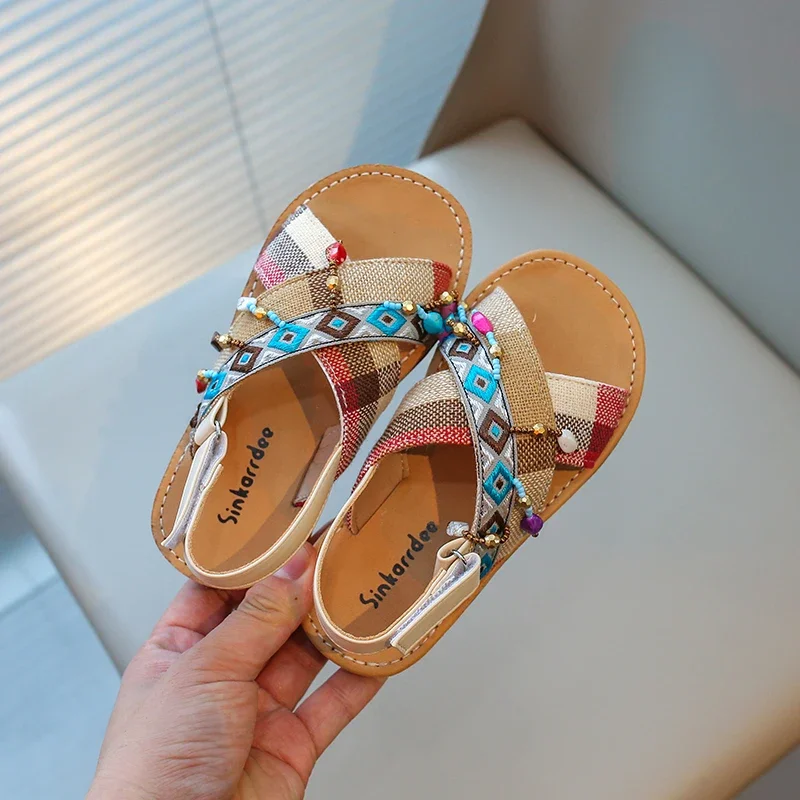Girls Sandals Kids Summer Beach Shoes Gladiator with Pendants Retro Vintage Children Ethnic Sandals Flat Patchwork Bohemian Ins