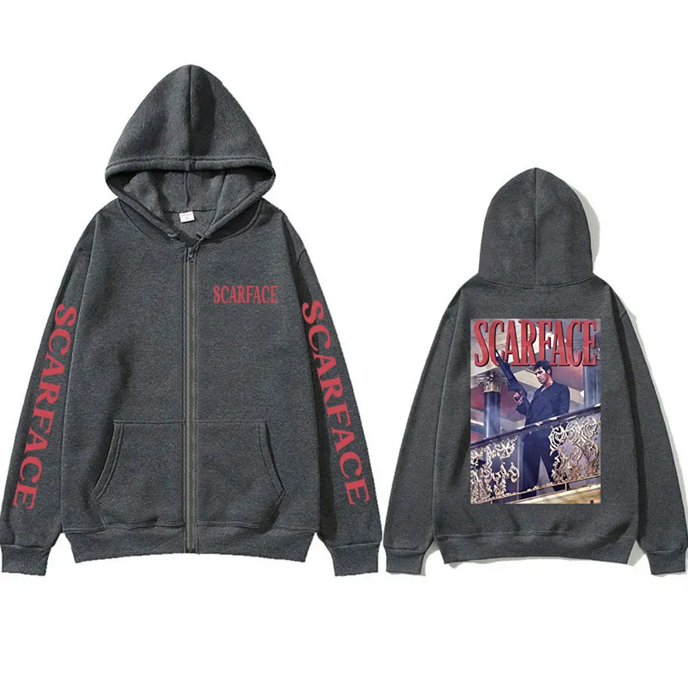 Vintage Movie Scarface Tony Montana Railing Shot Black Zipper Hoodie Al Pacino Hoodies Men Women Gothic Oversized Zip Up Jacket