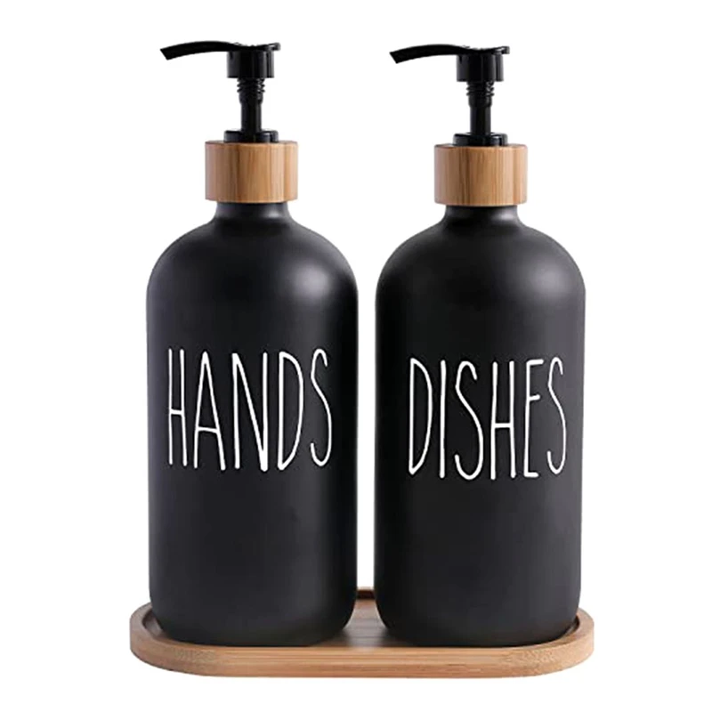 Glass Soap Dispenser Set, Contains Glass Hand Soap Dispenser And Glass Dish Soap Dispenser. Matte Black Soap Dispenser