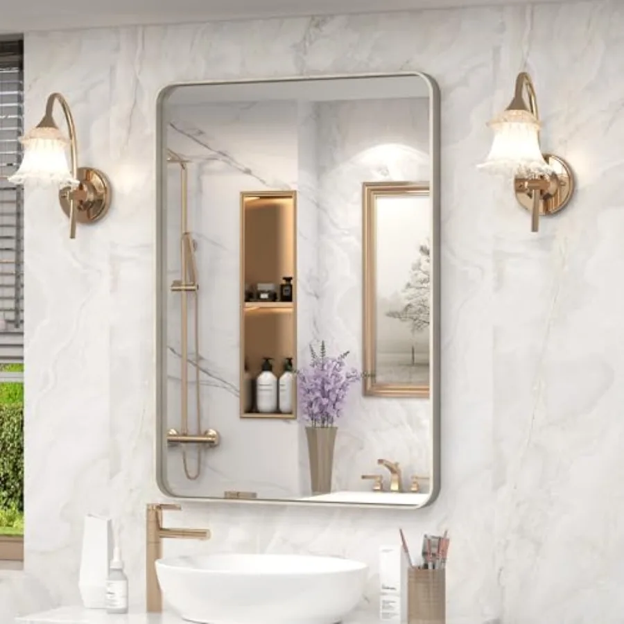 20x30 Inch Brushed Nickel Bathroom Mirror, Brushed Metal Framed Wall Mirror, Rounded Corner Rectangle Modern Vanity Mirror, Tem