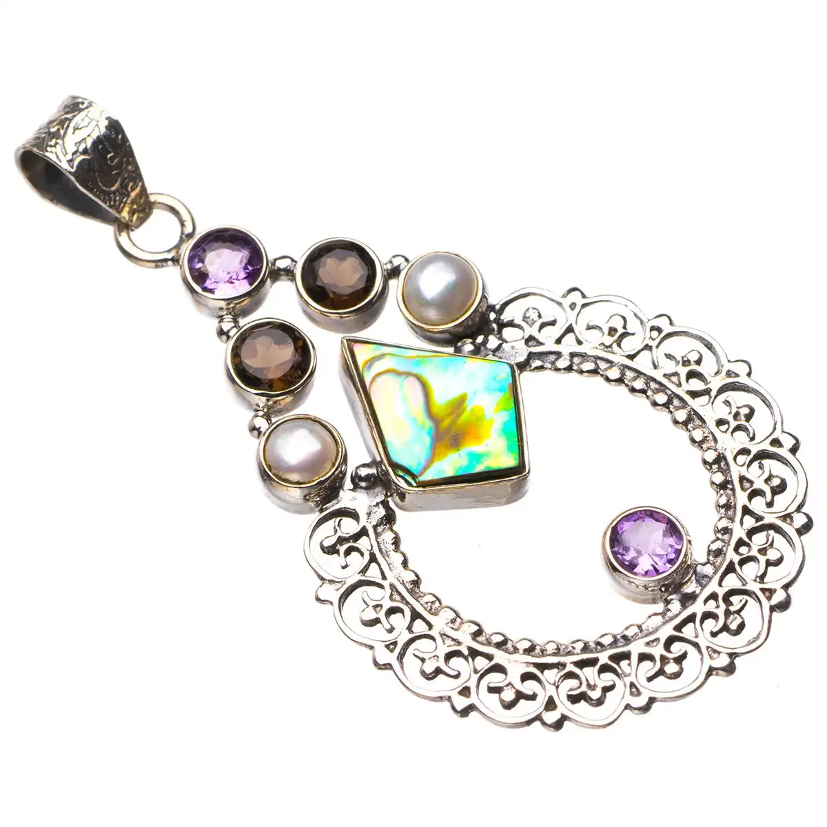 

StarGems Abalone Shell,River Pearl,Smoky Quartz And Amethyst Handmade 925 Sterling Silver Pendant 2.25" D5972