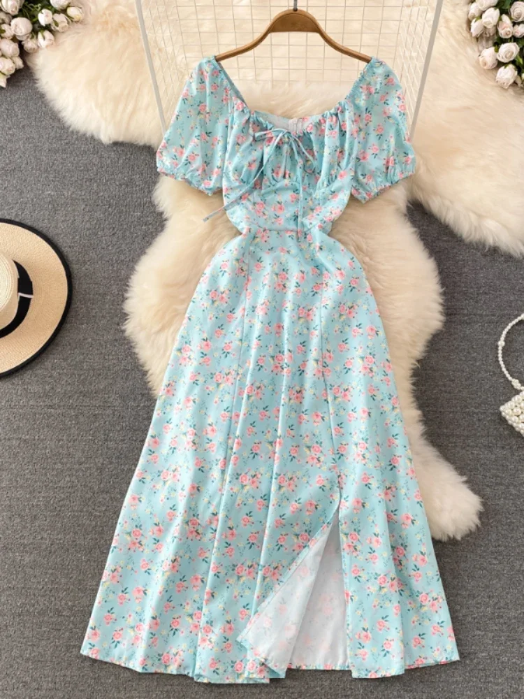 Summer Vintage Dress Blue Floral Summer Bubble Sleeve Tie Up Sexy Dresses  Women A-line Print Split Long Dress Elegant Vestidos - AliExpress 200000345
