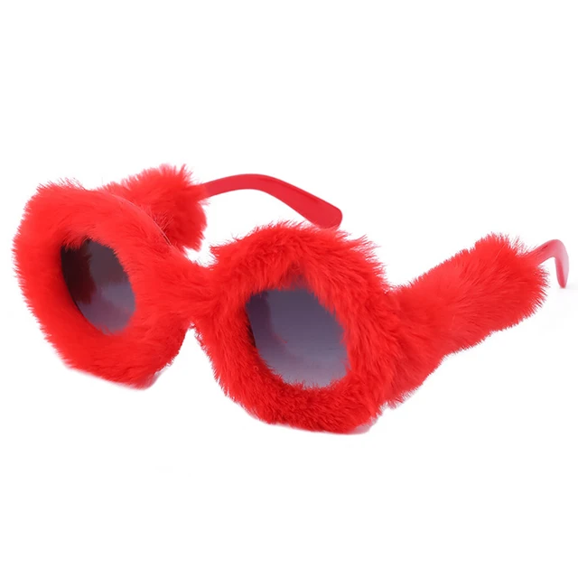 OEC CPO Ladies Soft Fur Velvet Cat Eye Sunglasses Women Fashion Colorful Handmade Sun Glasses Female Trendy Shades UV400 Eyewear Red-Gray