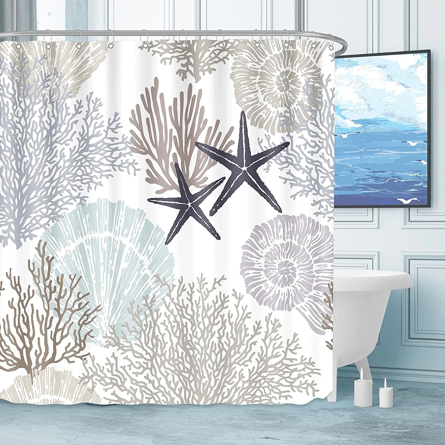 Nautical Coastal Shower Curtains Starfish Seashell Coral Reef Tropical Ocean Beach Marine Life Fabric Bathroom Decor with Hooks 2