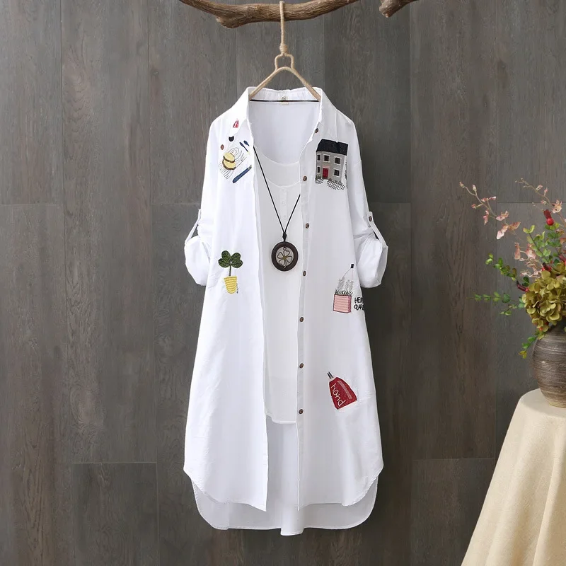 Spring New Embroidery Loose Mid Length Blouse Long Sleeve Polo Neck Solid Plus Size Shirt Tops Fashion Casual Women Clothing