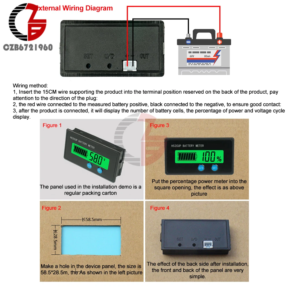 H52 Battery Level Indicator Voltmeter DC 9~90V Lead-acid Battery Lithium Iron Phosphate 12V 24V 36V 72V Battery Capacity Tester 3