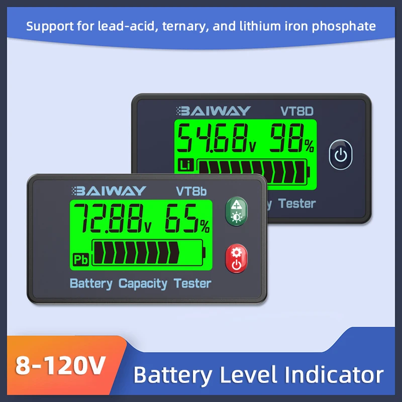 Indicatore di Capacità Batteria VT8b 8-120V per Batterie Acido-Piombo e Litio-Ferro-Fosfato, Voltmetro per Auto e Moto con Allarme