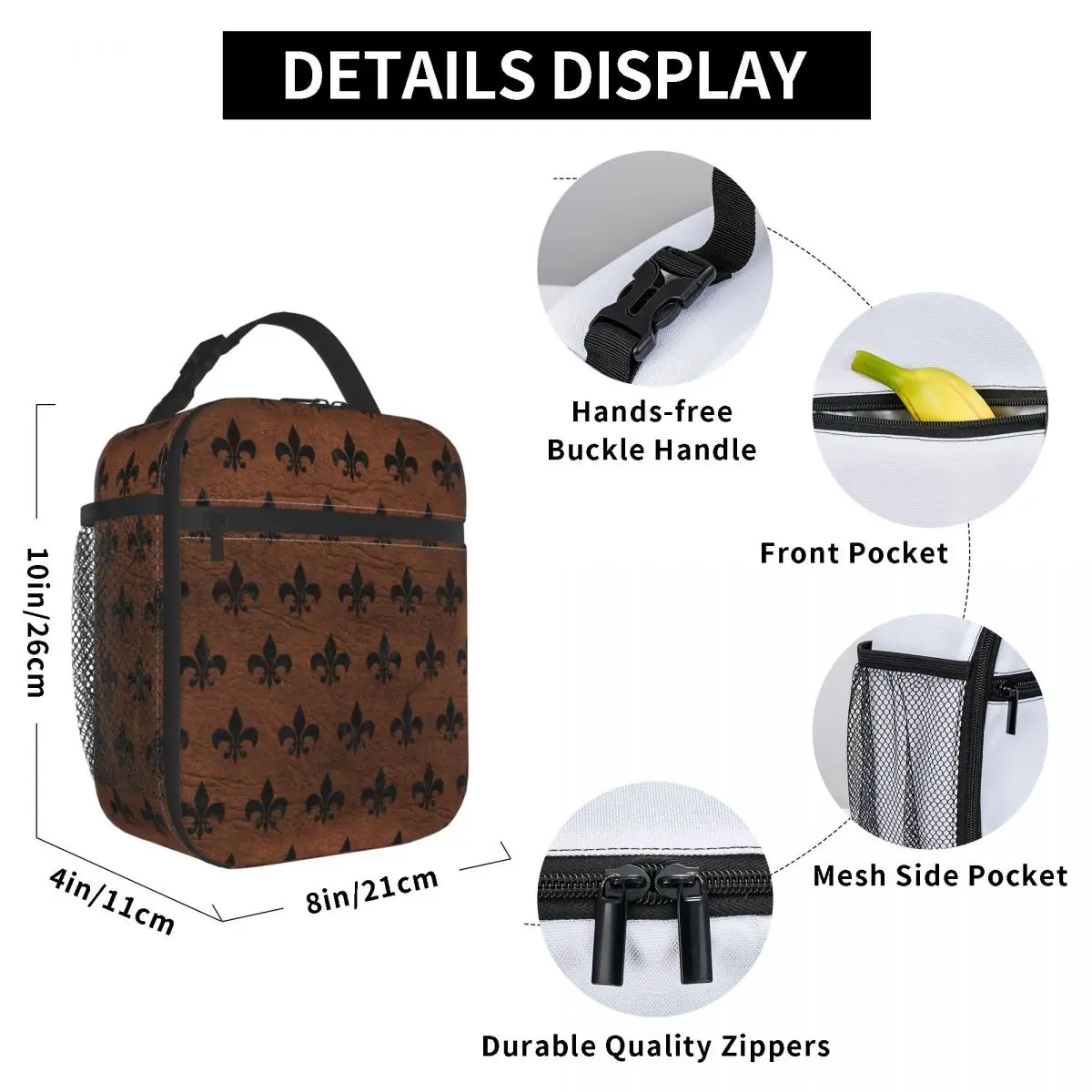Royal Black Marble Brown Leather Fleur De Lis Lunch Box Multifunction Lily Flower Thermal Cooler Food Insulated Lunch Bag Kid