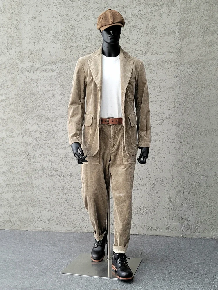 Amei Khaki Style Vintage Cotton Khaki Corduroy Cargo Wide Leg Pants Day Loose Tapered Foot Pants