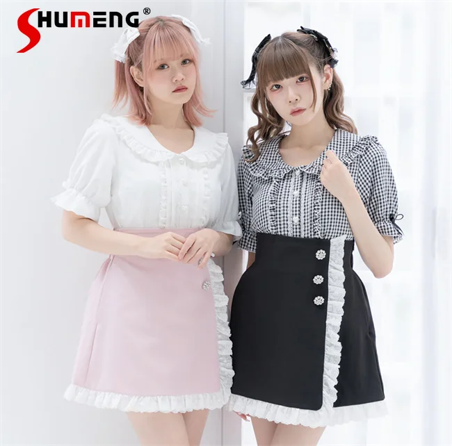 

Милая клетчатая рубашка в японском стиле с матросским воротником женский топ с коротким рукавом с деревянными ушками универсальная повседневная женская блузка на лето