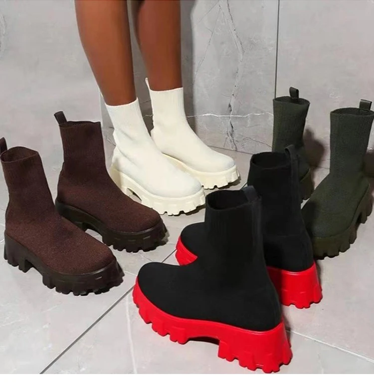 Women’s white platform ankle boots with sock fit, stylish heels for winter and autumn fashion - 01