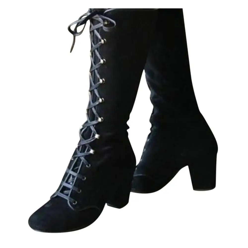 Black boots women Shoes knee high Women Casual Vintage Retro Mid-Calf Boots Lace Up Thick Heels Shoes women knee boots