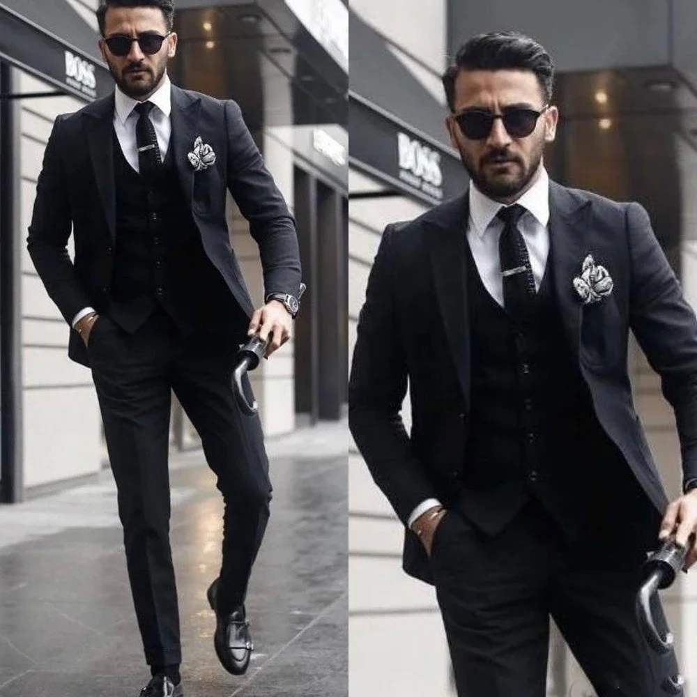 

Classic Black Men Suits Slim Fashion Peak Lapel Solid Smart Casual 3 Piece Set Formal Groom Wedding Tuxedo (Jacket+Vest+Pants)