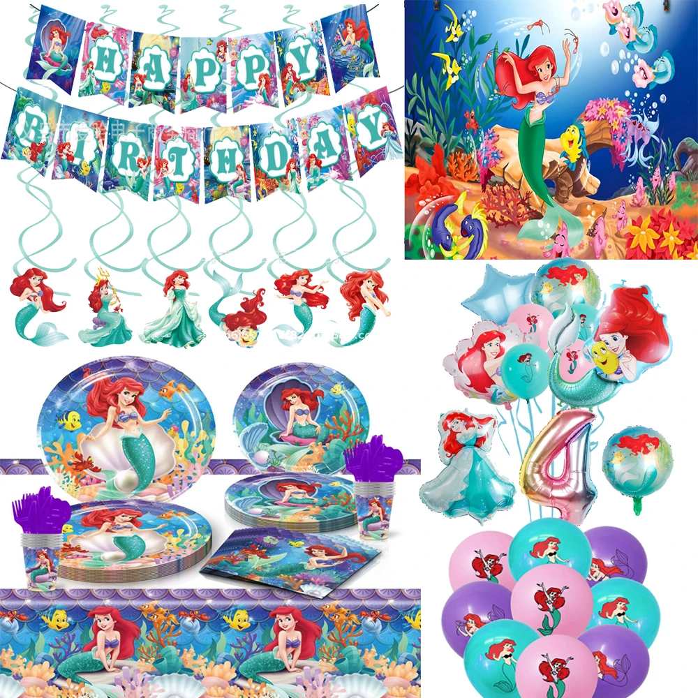 

Disney Mermaid Ariel Princess Birthday Party Decoration Disposable Tableware Plate Napkin Balloons For Girl Baby Shower Supplies