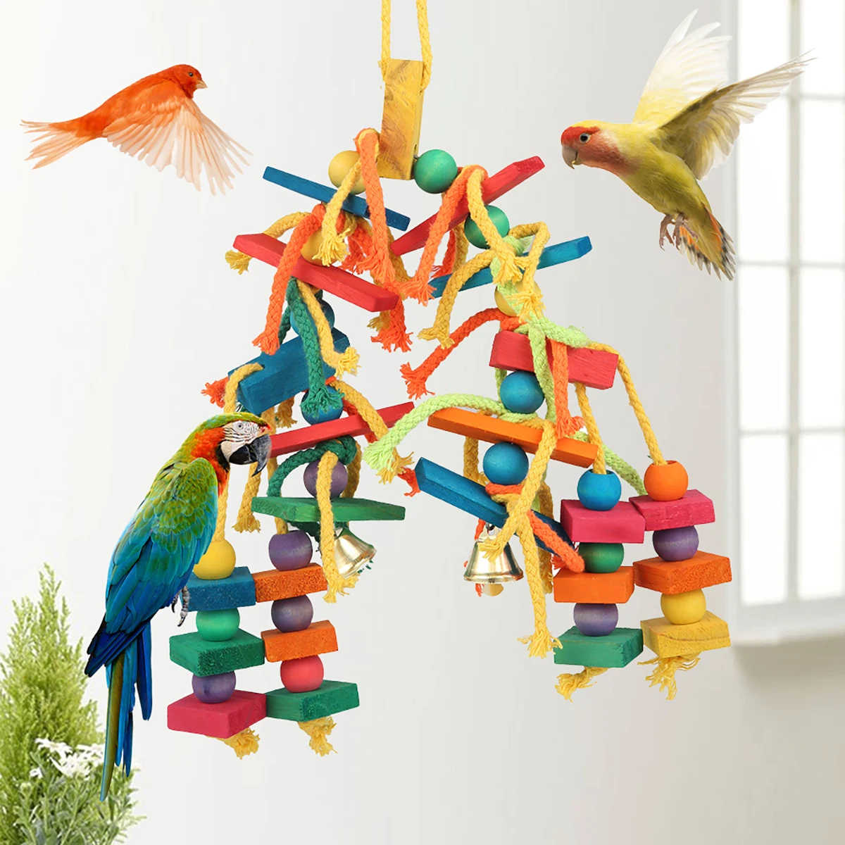 Multicolored Hanging Rope Bird Toy Ladder - Wooden Chewing Swing