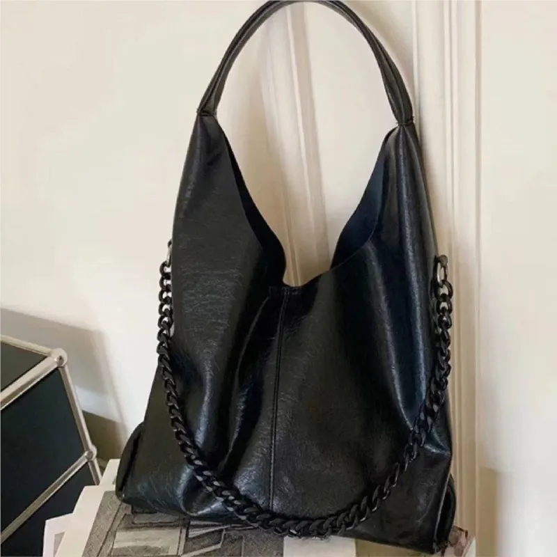 Solid Color Crinkle Chain Tote Bag Women Minimalist Design Leather Large Capacity Shoulder Bag Ladies High End Crossbody Bag New