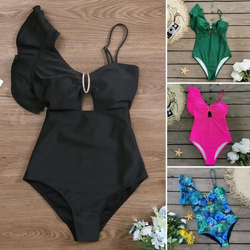 Summer Beachwear Tropical Leaves Print V-neck Monokini Ruffle Sleeve Swimwear for Women Sexy One-piece Beachwear with Hollow