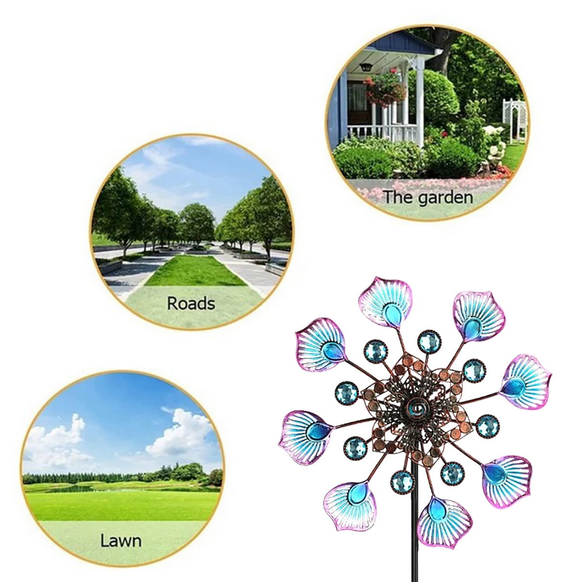 Outdoor Metal Wind Spinners Weather Resistant Wind Spinners with Stable Stake 90cm Peacock Tail Wind Spinners Metal Wind Mill