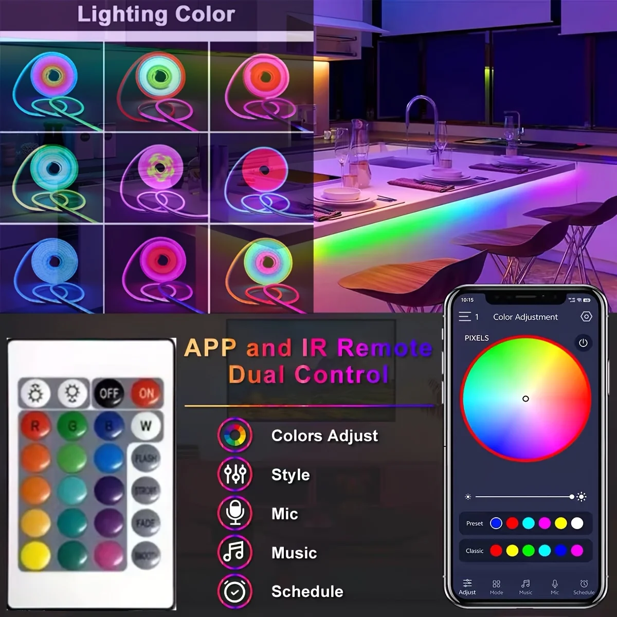 smart RGB Light Strip APP Remote Control 5V USB Music Sync Christmas LED Rope Lights Flexible Silicone Neon Tape Room Wall Decor