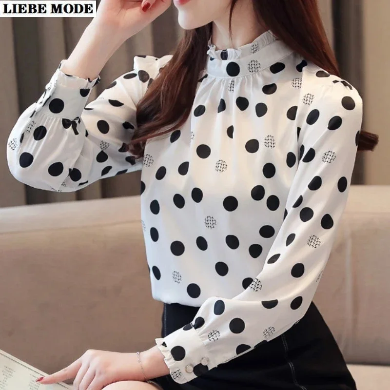 

Women's Long Sleeve Chiffon White Shirts Office Work Elegant Black Polka Dot Ruffle Mock Neck Blouses Women Stand Up Collar Tops