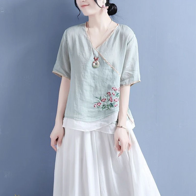 Summer New Literary Vintage Embroidery Short Sleeve Shirt Ladies Loose Casual Cotton Linen All-match Pullover Top Women Blouse