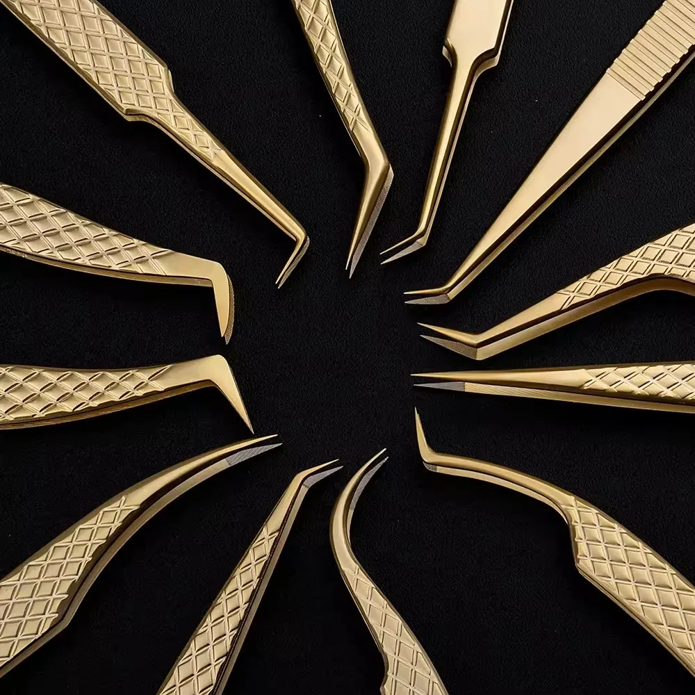 Eyelash Tweezers for Extension Golden Stainless Steel High Precision Tweezer for Volume Fans Professional Tools 1pc