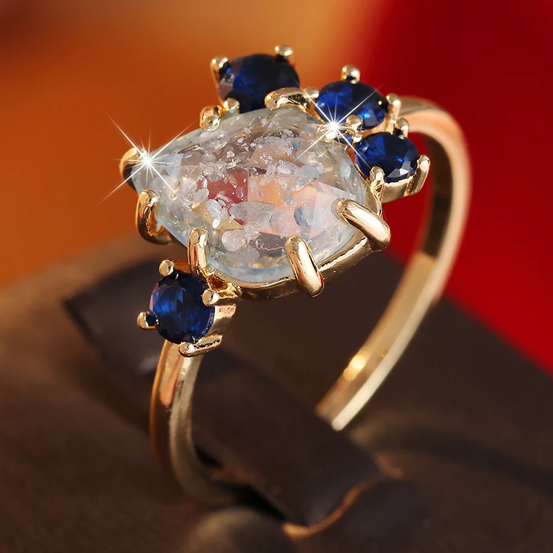 Elegant Blue CZ Inlaid Gold Ring for Women – Trendy Geometric Design for Daily Wear and Special Occasions