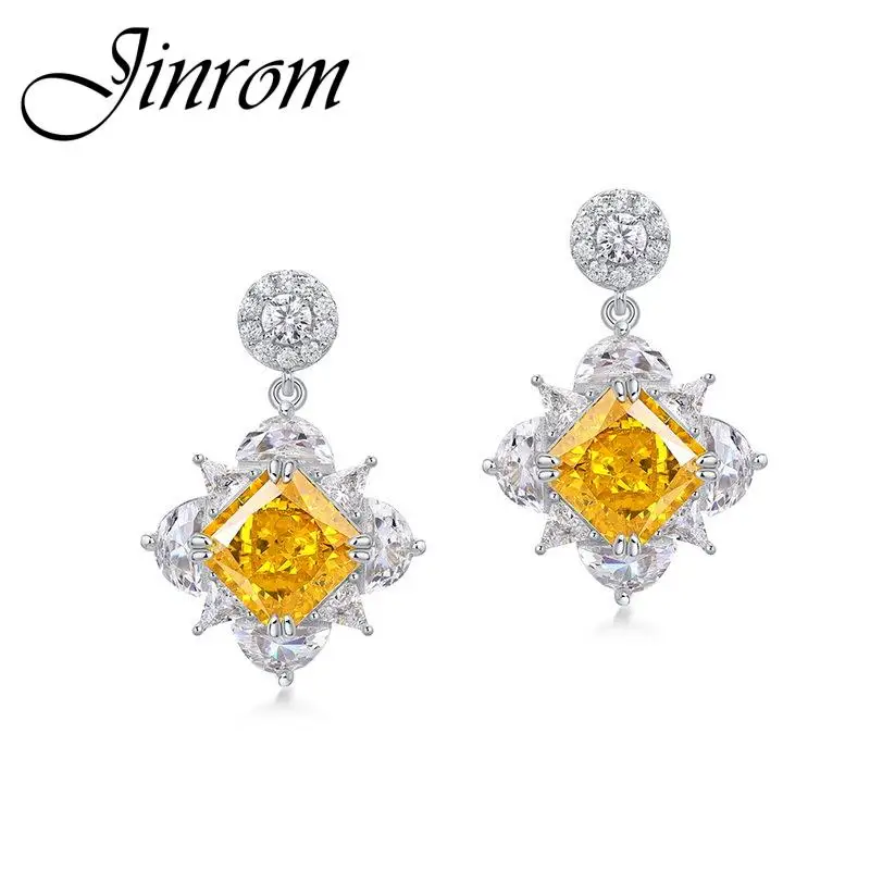

Jinrom S925 Sterling Silver High Carbon Diamond Earrings Fashion Square Ice Cut Gemstone Wedding Drop Dangle Earrings Jewelry