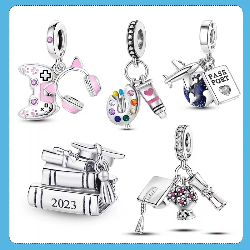 Graduation Book Charm Bachelor Cap Flowers Dangle 925 Silver Charms Fit Original Pandora Bracelet Jewelry Graduation Gift charm jewelry sterling silver jewelry beads charms silver charm bead charm bead beads jewelry sterling silver beads charm