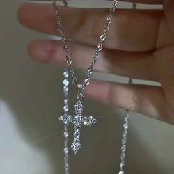 Elegant Shiny Crystal Zircon Cross Pendant Necklace in Silver - Chic Jewelry (01)