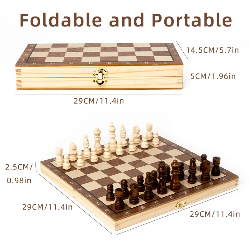 29x29cm Wooden Folding Magnetic Chess Set With 34 Chess Pieces Interior 3 in 1 Portable Travel Board Game Set for Kids Adults