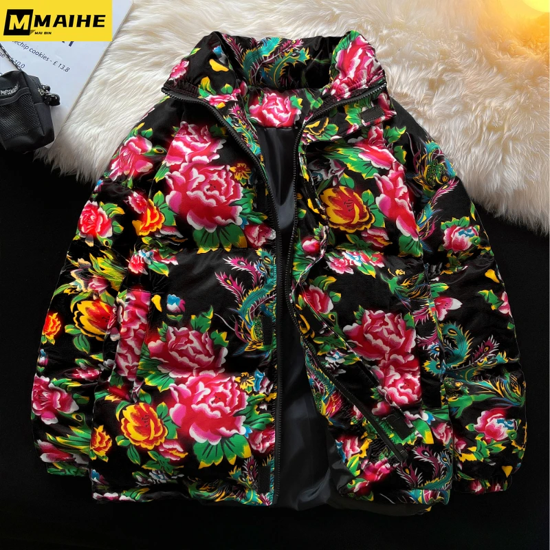 Men's Winter Coat Luxury Windproof Standing Collar Warm Parker Coat Unisex Thickened Chinese Northeast Flower Padded Jacket