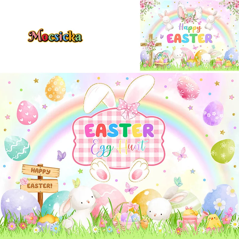 

Mocsicka Cute Girls Easter Party Photography Background Rainbow Bunny Egg Backdrop Decor Cake Smash Family Dinner Banner