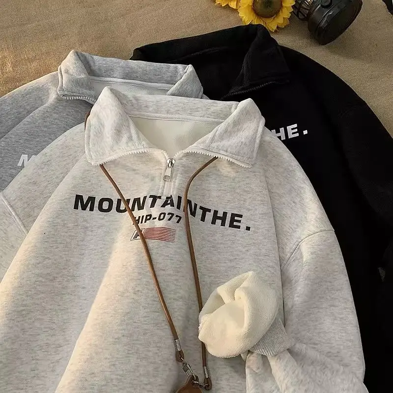 

Korean half-zip plus velvet thickened polo sweatshirt for men in autumn and winter letter print trendy couple coat men clothing