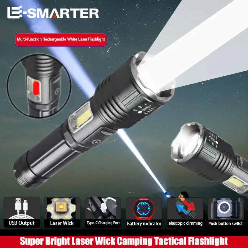 Super Bright Laser Wick Flashlight Camping Tactical Torch High Lumens 7 Lighting Modes Rechargeable Flashlights with COB Lamp