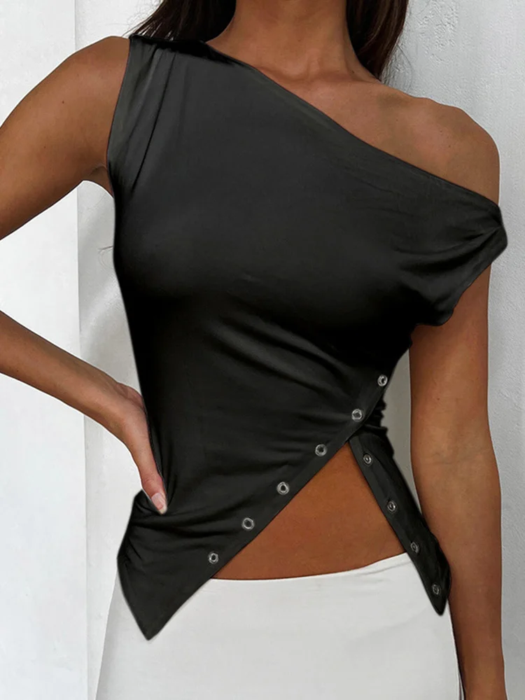 

Asymmetrical Sleeveless T Shirt Button Split One Shoulder Cropped Tank Tops Womens Clothing Summer 2023