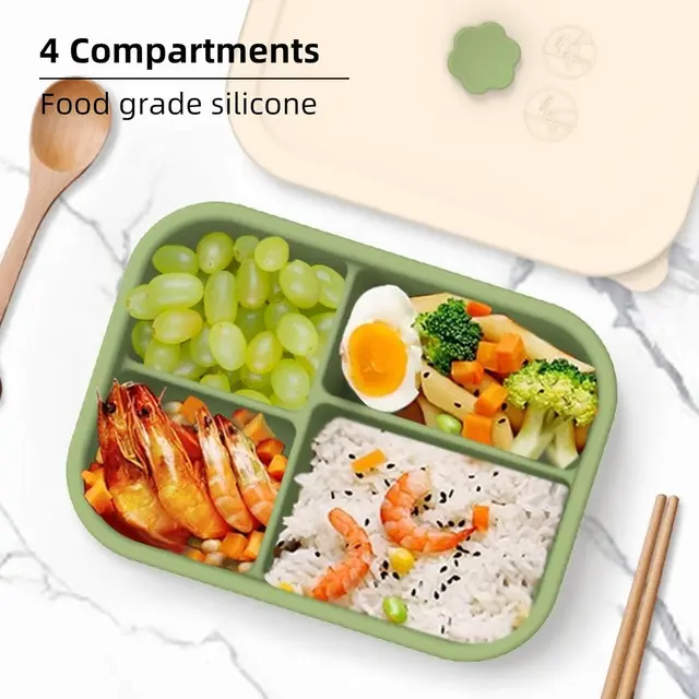 Boîte à déjeuner Bento en Silicone résistant aux fuites, récipient de préparation de repas réutilisable sans BPA avec 4 compartiments lave-vaisselle micro-ondes et coffre-fort 5