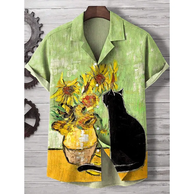 Men's Japanese Ukiyo-e Wave Bottle Cat Art Printed Casual Shirt Harajuku Summer Button Down Casual Shirts Holiday Couple Tops