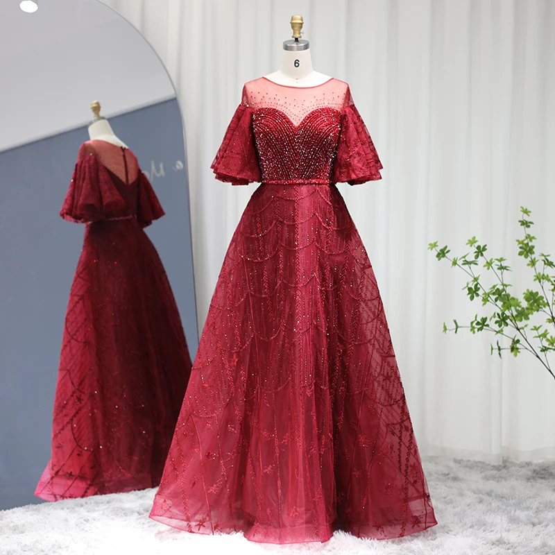 Sd170c6d2e2c543378e8c9868e6076792V Luxury Dubai Pink Evening Dresses for Women Wedding Party Flare Sleeves Burgundy Arabic Plus Size Formal Gowns Mallzona